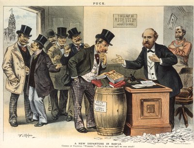 Una nueva partida en barriles; Coro de trabajadores políticos - ¡Este es el peor barril que hemos encontrado!, 1886 de Frederick Burr Opper